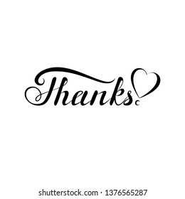 thanks word with heart. simple handwritten text. calligraphic slogan. design element for greeting card, banner, invitation, postcard, vignette, flyer. black and white vector illustration
