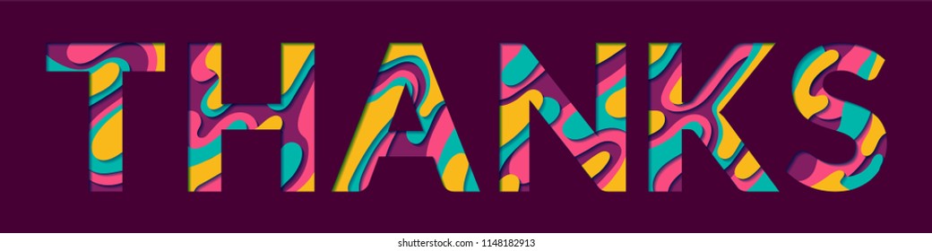 Thanks word made of paper cut multi layers letters. Thank you concept banner vector illustration. T, H, A, N, K, S alphabet papercut letters makig a word thanks in blue cyan, pink purple and yellow.