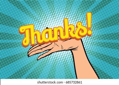 thanks word. Women open palm hand hold gesture. Pop art retro vector illustration