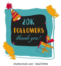 Thanks you card 20000 followers for network friends. Modern brush calligraphy. Inspirational quote in photo frame with festive flags.