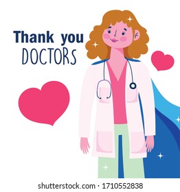 thanks you doctors, female physician with cape character, love hearts vector illustration