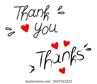 Thanks Thanks you Hand drawn inscriptions with decorative elements and heart shape Greeting concept 