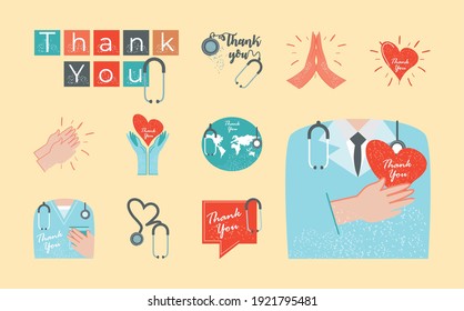 thanks you, icons set heart hands world doctor vector illustration