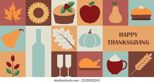 Thanksgibing geometric collage. Mosaic pattern. Festive banner with pumpkin, rosehip, maple leaf, pie, turkey and sunflower. Vector illustration