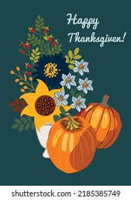 thanksgiven card with flowers and pumpkin, vector design for paper, fabric and other surface