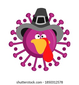 Thanksgiving 2020 turkey face coronavirus - Awareness illustration. Coronavirus (2019-nCoV) Concept of self isolation times. Covid-19 souvenir