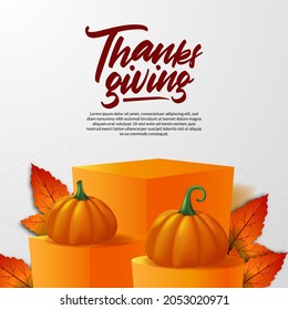 Thanksgiving 3d realistic pumpkin with podium stage product display with autumn fall maple leaves