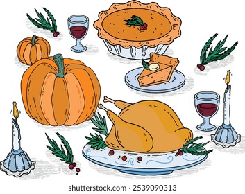 Thanksgiving, abundance, meals, pumpkins, pumpkin pie, pie, dessert, wine, decorations, candles, candlesticks, beverages, wine, cups, cups, turkey, meat, chicken, cake, fall, autumn