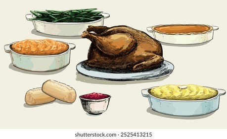 thanksgiving american dinner table fall november full family time illustration