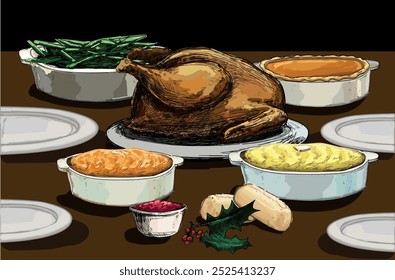 thanksgiving american dinner table fall november full family time illustration