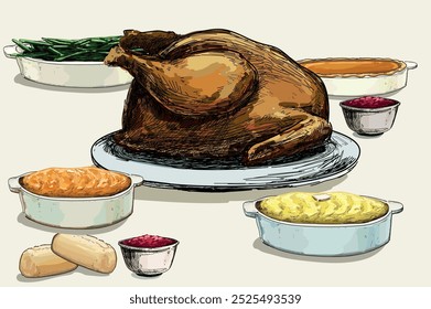 Mesa de cena americana de Acción de Gracias Otoño Noviembre Ilustración de tiempo familiar completo