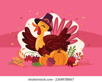 Thanksgiving animals kids vector border.  Turkey chicken with pumpkins