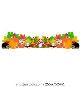 Thanksgiving animals kids vector border. Pattern autumn leaves turkey corn pumpkin hedgehog, squirrel. Harvest festival. Fall party invitation banner. Happy Thanksgiving card decor, footer 