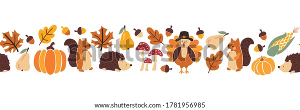 Thanksgiving animals kids vector border. Seamless\
pattern autumn leaves turkey corn pumpkin hedgehog, squirrel.\
Harvest festival. Fall party invitation banner. Happy Thanksgiving\
card decor,\
footer