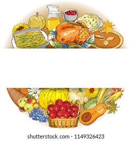 Thanksgiving autumn background with traditional dishes and symbols - baked Turkey, mashed potatoes, cranberry sauce, pumpkin pie, green bean, pumpkins, cornucopia.