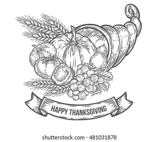 Thanksgiving autumn cornucopia festival badge. Monochrome vintage engraving fresh organic vegetables, wheat and fruits sign isolated on white background. Sketch vector hand drawn illustration.