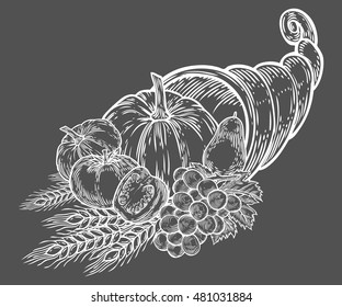 Thanksgiving autumn cornucopia festival emblem. Monochrome vintage engraving fresh organic vegetables, wheat and fruits sign isolated on white background. Sketch vector hand drawn illustration