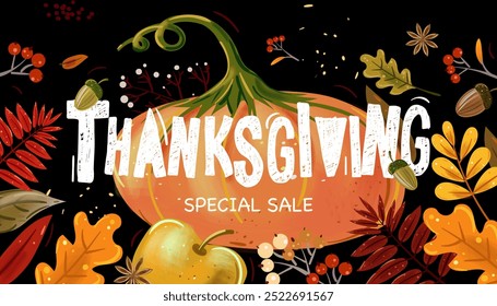 Thanksgiving and Autumn decoration concept made from autumn leaves and pumpkin on dark background. Hand drawing vector illustration