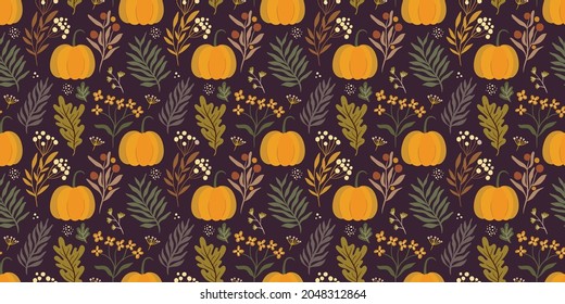 Thanksgiving Autumn decorative seamless pattern with pumpkins and botanicals