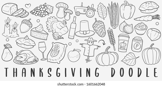Thanksgiving Autumn Doodle Line Art Illustration. Hand Drawn Vector Clip Art. Banner Set Logos.