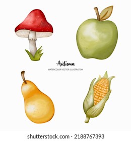 Thanksgiving autumn elements, mushroom, pear, green apple, corn, Thanksgiving Vector illustration
