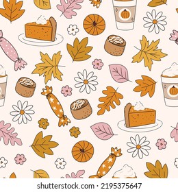 Thanksgiving Autumn fall retro groovy seamless pattern print for fabric, stationery, wallpaper, textile. Repeating digital paper with retro 60s 70s hand drawn vector illustrations