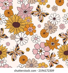 Thanksgiving Autumn fall retro groovy seamless pattern print for fabric, stationery, wallpaper, textile. Repeating digital paper with retro 60s 70s hand drawn vector illustrations