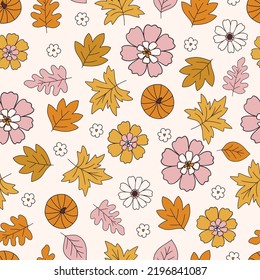 Thanksgiving Autumn fall retro groovy seamless pattern print for fabric, stationery, wallpaper, textile. Repeating digital paper with retro 60s 70s hand drawn vector illustrations