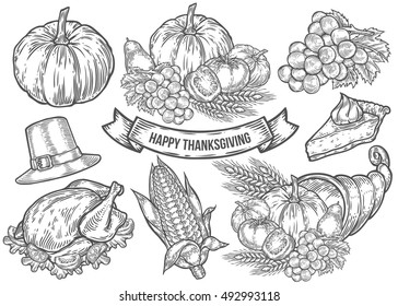 Thanksgiving autumn festival doodle set. Monochrome vintage engraving fresh organic vegetables, wheat and fruits, hat, pie, corn, turkey sign isolated on white. Sketch vector hand drawn illustration