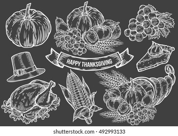 Thanksgiving autumn festival doodle set. Monochrome vintage engraving fresh organic vegetables, wheat and fruits, hat, pie, corn, turkey sign isolated on black. Sketch vector hand drawn illustration