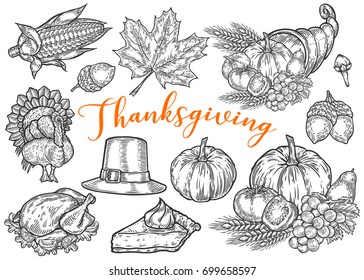 Thanksgiving autumn festival doodle set. Monochrome vintage engraving fresh organic vegetables, wheat and fruits, hat, pie, corn, turkey, acorn, leaf sign. Sketch vector hand drawn illustration