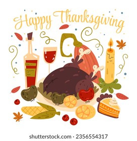 Thanksgiving autumn food dinner menu isolated on white background. Vector flat graphic design illustration
