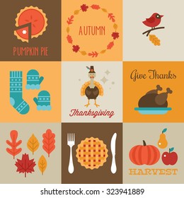 Thanksgiving and autumn greeting cards design with flat stylish icons. Vector illustration