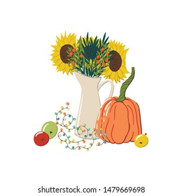 Thanksgiving autumn hand drawn cartoon style concept with jug, beautiful yellow sunflowers, pumpkin, apples and bulb garland. T-shirt or mug print, holiday home decor. Stock vector
