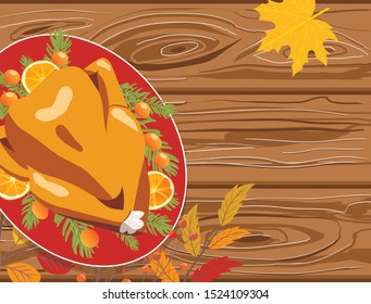 Thanksgiving autumn hand drawn vector background with a roasted turkey bird and autumn leaves on a wooden table