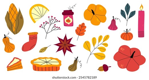 Thanksgiving autumn hygge set with pumpkin, leaf and coffee. Flat doodle elements for autumn thanksgiving design