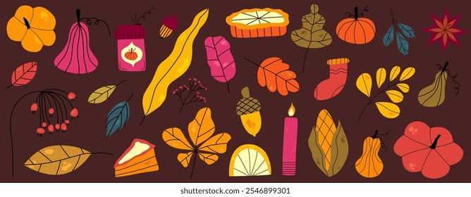 Thanksgiving autumn hygge set with pumpkin, leaf and coffee. Flat doodle elements for autumn thanksgiving design