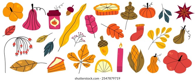 Thanksgiving autumn hygge set with pumpkin, leaf and coffee. Flat doodle elements for autumn thanksgiving design