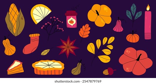 Thanksgiving autumn hygge set with pumpkin, leaf and coffee. Flat doodle elements for autumn thanksgiving design