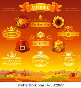 Thanksgiving autumn icon set with fall country landscape, logo, text lettering.