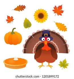 Thanksgiving autumn isolated vector set with turkey bird with pilgrim hat, pie, pumpkin, leaves and sunflower