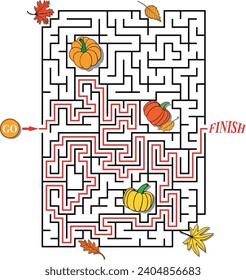 Thanksgiving autumn labyrinth with scattered pumpkins and leaves. Maze with entry and exit. Solution included - red passing route. Children logic game for brain training. Vector illustration.