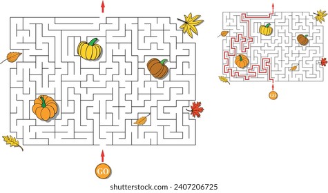 Laberinto otoñal de Acción de Gracias con calabazas y hojas dispersas. Maze con entrada y salida. Solución incluida: vía roja de paso. Juego lógico infantil para entrenamiento cerebral. Ilustración vectorial.