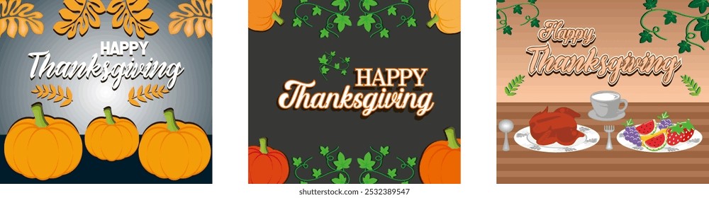 Thanksgiving and Autumn made from autumn leaves and pumpkins. Happy Thanksgiving text with pumpkin and leaves. Traditional Thanksgiving dinner celebration. Set flat vector modern illustration