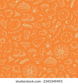 Thanksgiving and autumn monochrome seamless pattern with doodles on orange background for wallpaper, prints, wrapping paper, textile, etc. EPS 10