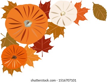 Thanksgiving autumn pumpkin and leaves vector decoration for corner of card, poster, postcard, banner, background, etc...