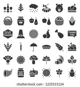 Thanksgiving and autumn related icon set, glyph or solid design on white background.