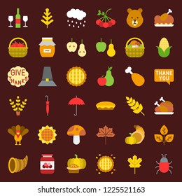 Thanksgiving and autumn related icon set, flat design on grid system.