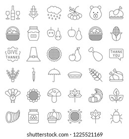 Thanksgiving and autumn related icon set, editable stroke outline on white background.