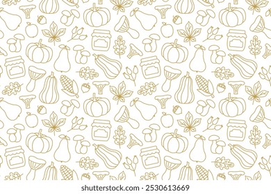 Thanksgiving, autumn seamless pattern with acorn, pear, apple, mushroom, pumpkin, leaves, corn, jam jar icons- vector illustration